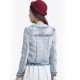 Round Collar Pearl Beaded Fashion Women Denim Jacket - Light Blue image