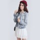 Round Collar Pearl Beaded Fashion Women Denim Jacket - Light Blue image