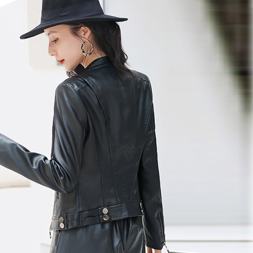 Women’s Elegant Zipper Closure Short Leather Jacket- Black image