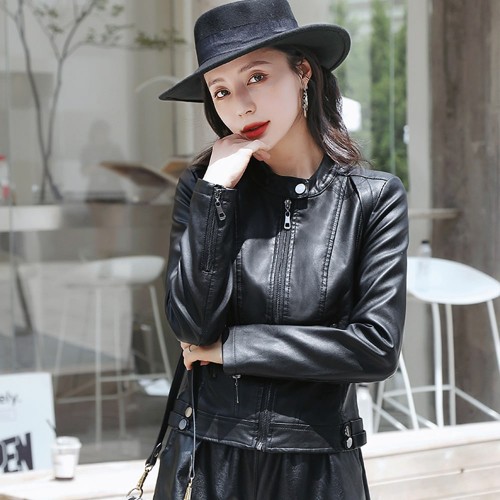 Women’s Elegant Zipper Closure Short Leather Jacket- Black image