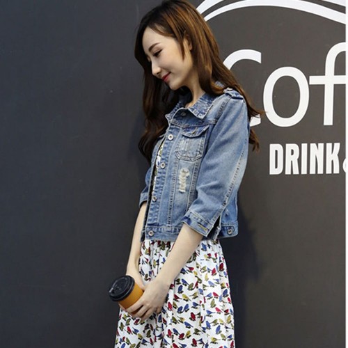 Casual Style Ripped Buttoned Denim Jacket for Ladies - Blue image