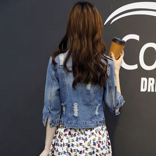 Casual Style Ripped Buttoned Denim Jacket for Ladies - Blue image
