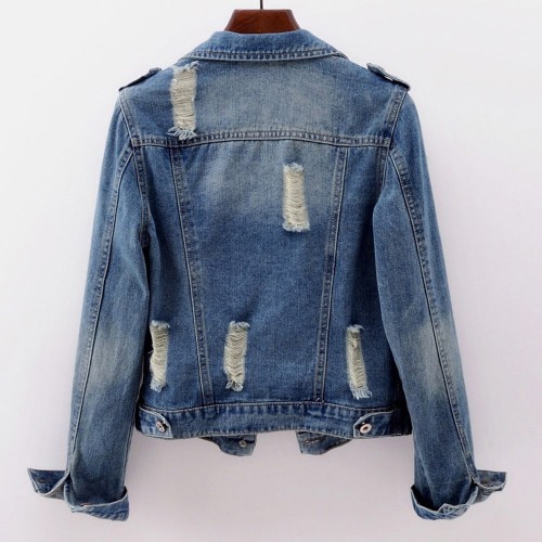 Casual Style Ripped Buttoned Denim Jacket for Ladies - Blue image