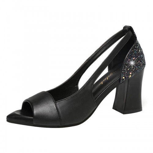 Pointed Open Toe Pierced Rhinestone Heels - Black image
