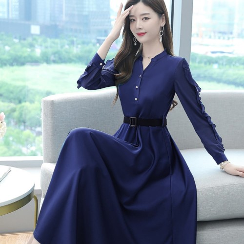 Elegant Long Sleeved Maxi Dress With Belt for Ladies- Blue image