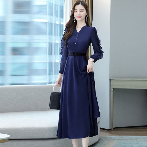 Elegant Long Sleeved Maxi Dress With Belt for Ladies- Blue image