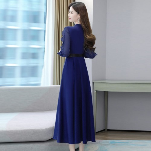 Elegant Long Sleeved Maxi Dress With Belt for Ladies- Blue image