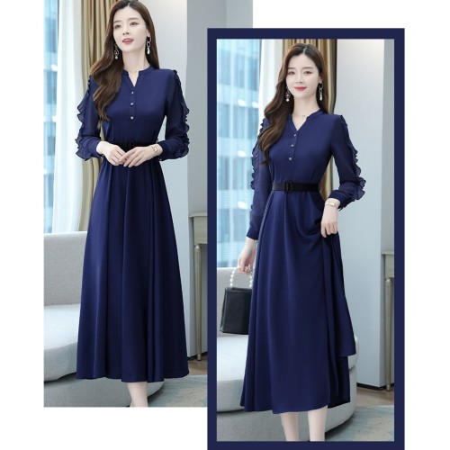 Elegant Long Sleeved Maxi Dress With Belt for Ladies- Blue image