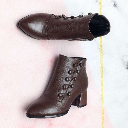 Side Zipper Closure Korean Style Boots for Women - Brown image