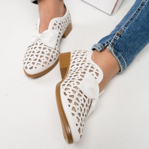 Bowknot Rubber Sole Slip On Loafers for Women - White image