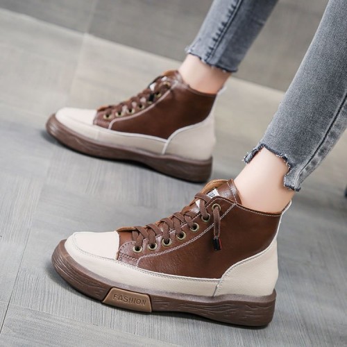 Retro Style Thick Soled High Top Sneakers for Women -Brown image