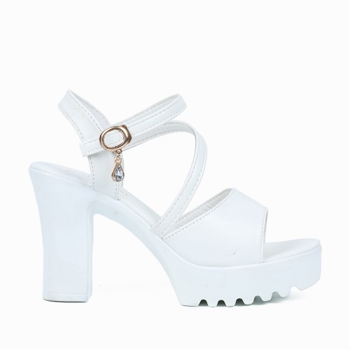 Fish Mouth Buckle Closure Chunky Heel for Women - White image