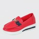 Belt Buckle Round Toe Platform Women's Loafers Shoes - Red image