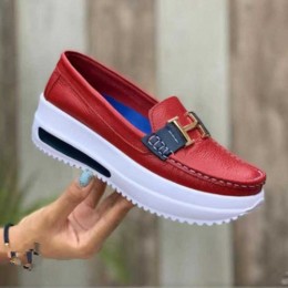 Belt Buckle Round Toe Platform Women's Loafers Shoes - Red
