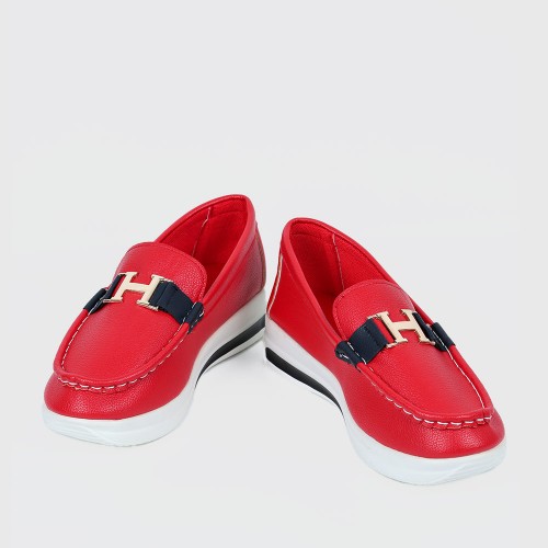 Belt Buckle Round Toe Platform Women's Loafers Shoes - Red image