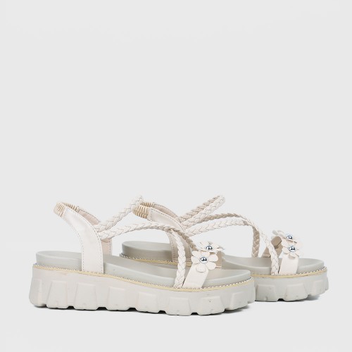 Flower Decorated Braided Belted Sandals for Ladies - Beige image