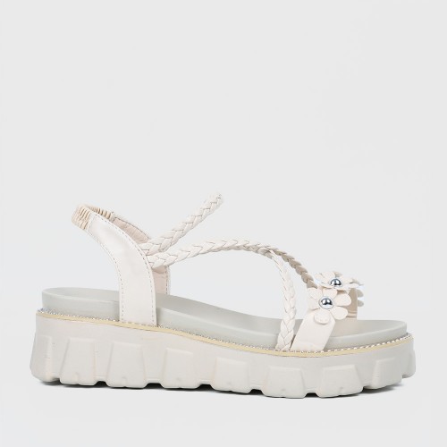 Flower Decorated Braided Belted Sandals for Ladies - Beige image