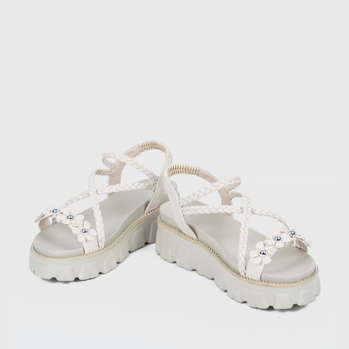 Flower Decorated Braided Belted Sandals for Ladies - Beige image