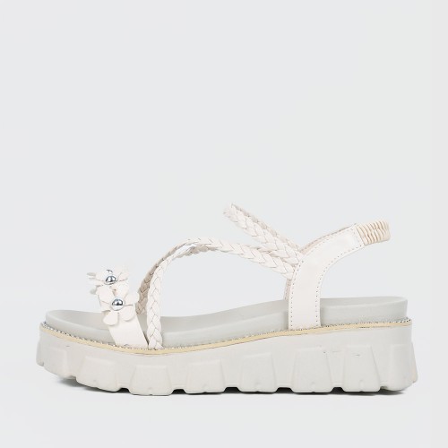 Flower Decorated Braided Belted Sandals for Ladies - Beige image