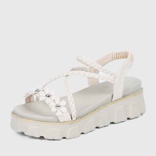 Flower Decorated Braided Belted Sandals for Ladies - Beige image