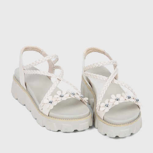 Flower Decorated Braided Belted Sandals for Ladies - Beige image