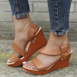 Open Toe Cross Strap Women’s Wedge Sandals - Brown