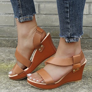 Open Toe Cross Strap Women’s Wedge Sandals - Brown