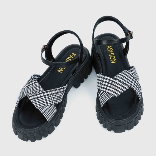 Buckle Closure Braid Print Strap Square Heel Sandals for Women - Black image