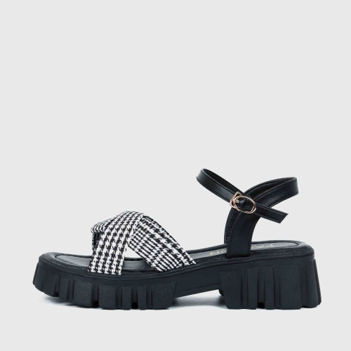 Buckle Closure Braid Print Strap Square Heel Sandals for Women - Black image