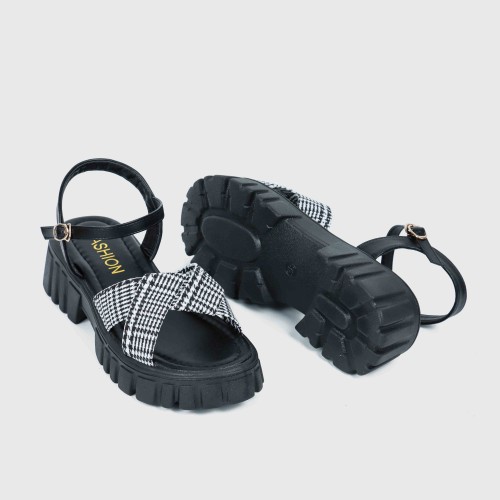 Buckle Closure Braid Print Strap Square Heel Sandals for Women - Black image