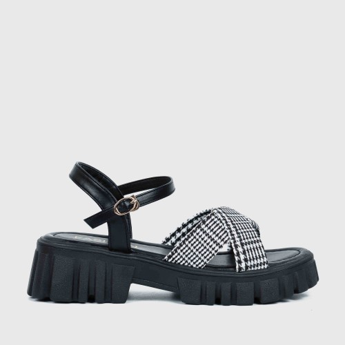 Buckle Closure Braid Print Strap Square Heel Sandals for Women - Black image