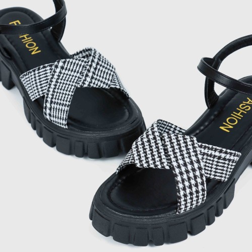 Buckle Closure Braid Print Strap Square Heel Sandals for Women - Black image