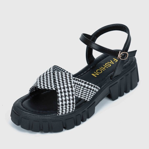 Buckle Closure Braid Print Strap Square Heel Sandals for Women - Black image