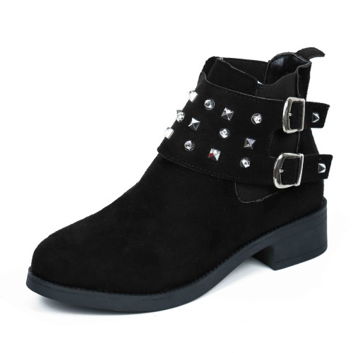 Women’s Rivets Studded Buckle Closure Suede Ankle Boots – Black image