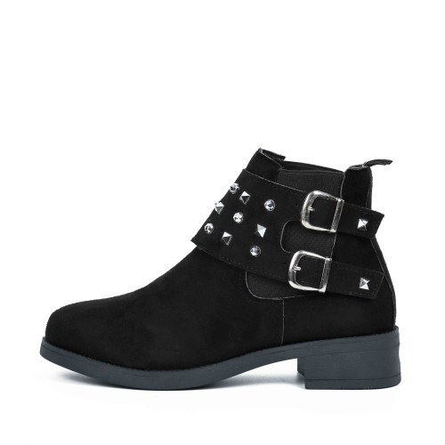 Women’s Rivets Studded Buckle Closure Suede Ankle Boots – Black image