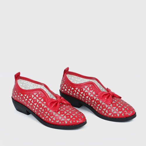 Bowknot Rubber Sole Slip On Loafers for Women - Red image