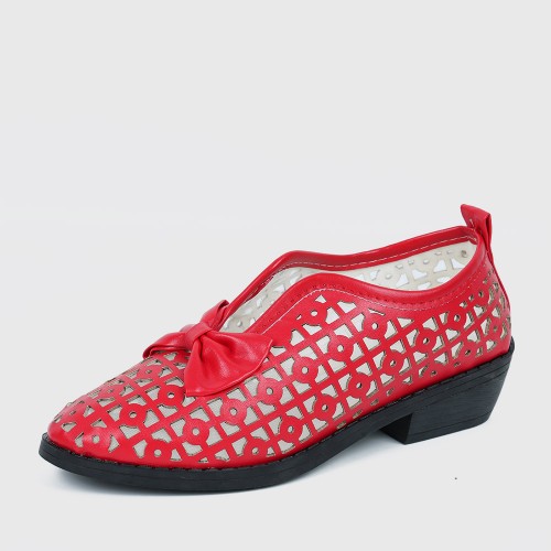 Bowknot Rubber Sole Slip On Loafers for Women - Red image
