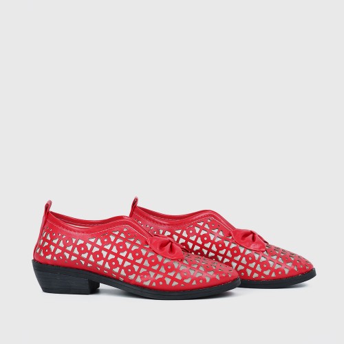 Bowknot Rubber Sole Slip On Loafers for Women - Red image
