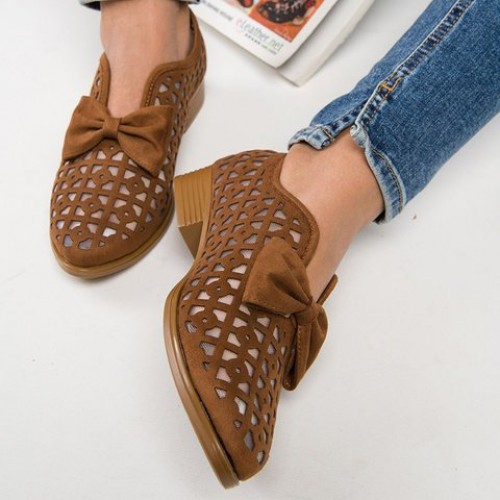 Bowknot Rubber Sole Slip On Loafers for Women - Brown image