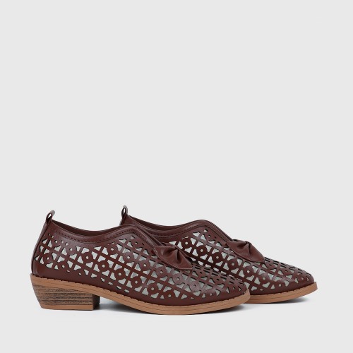 Bowknot Rubber Sole Slip On Loafers for Women - Brown image