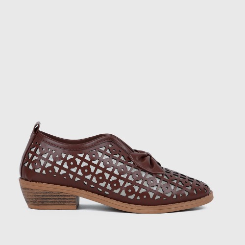 Bowknot Rubber Sole Slip On Loafers for Women - Brown image