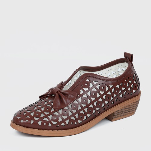 Bowknot Rubber Sole Slip On Loafers for Women - Brown image