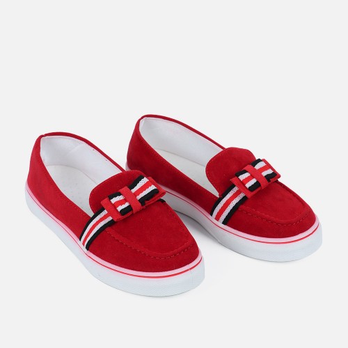 Bowknot Low Heel Round Toe Slip On Women’s Loafers - Red image