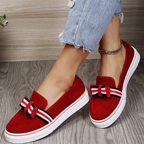 Bowknot Low Heel Round Toe Slip On Women’s Loafers - Red image