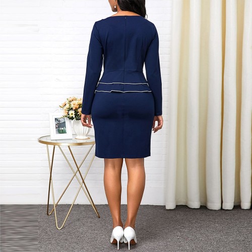 Women’s Classic Long Sleeve Peplum Midi Dress - Blue image