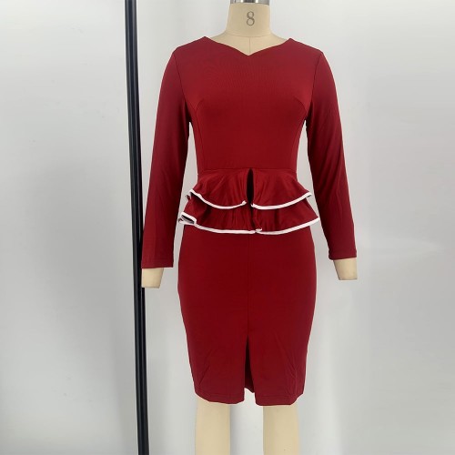 Women’s Classic Long Sleeve Peplum Midi Dress - Red image