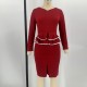 Women’s Classic Long Sleeve Peplum Midi Dress - Red image