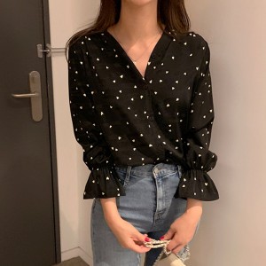 Elegant Style Hearts Printed Chic Loose Blouse - Black