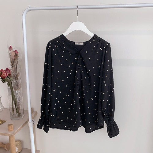 Elegant Style Hearts Printed Chic Loose Blouse - Black image