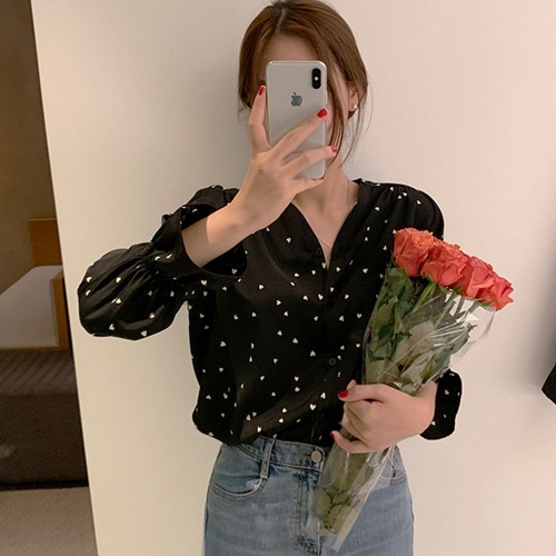 Elegant Style Hearts Printed Chic Loose Blouse - Black image